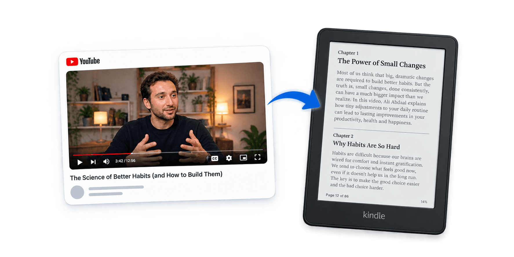 A YouTube video open in a browser beside a Kindle showing the same talk as a chaptered book.